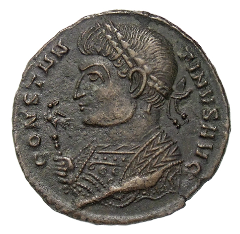 RIC VII Treveri 370 Constantine I obverse, Bust of Constantine I, laureate, wearing trabea, left, holding eagle-tipped sce...