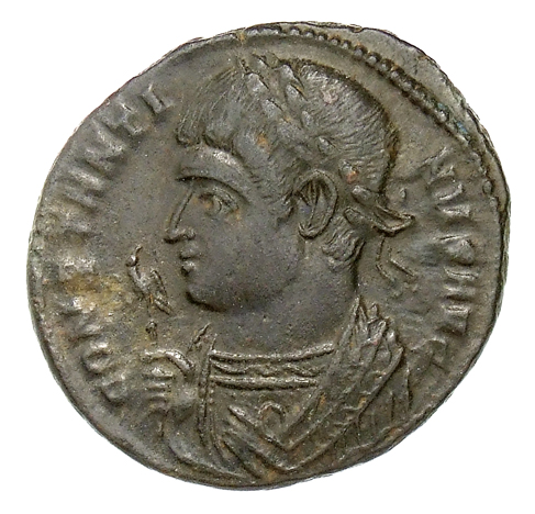 RIC VII Treveri 370 Constantine I obverse — Bust of Constantine I, laureate, wearing trabea, left, holding eagle-tipped sc...