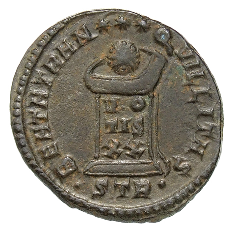 RIC VII Treveri 370 Constantine I reverse — Globe on altar inscribed VO/TIS/XX; above, three stars