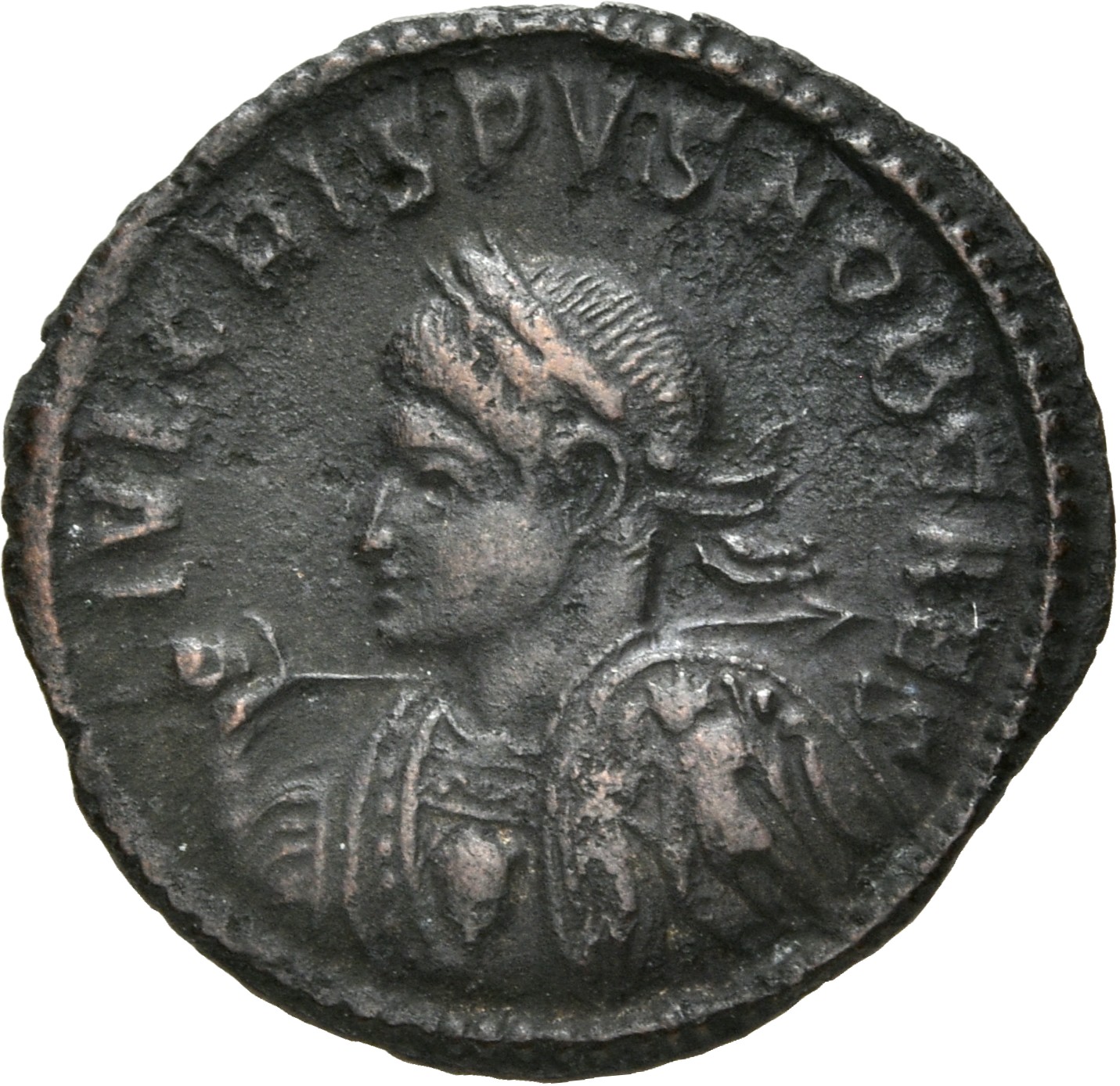 RIC VII Treveri 372 Constantine I obverse, Bust of Crispus, laureate, cuirassed, left, holding spear across right shoulder...