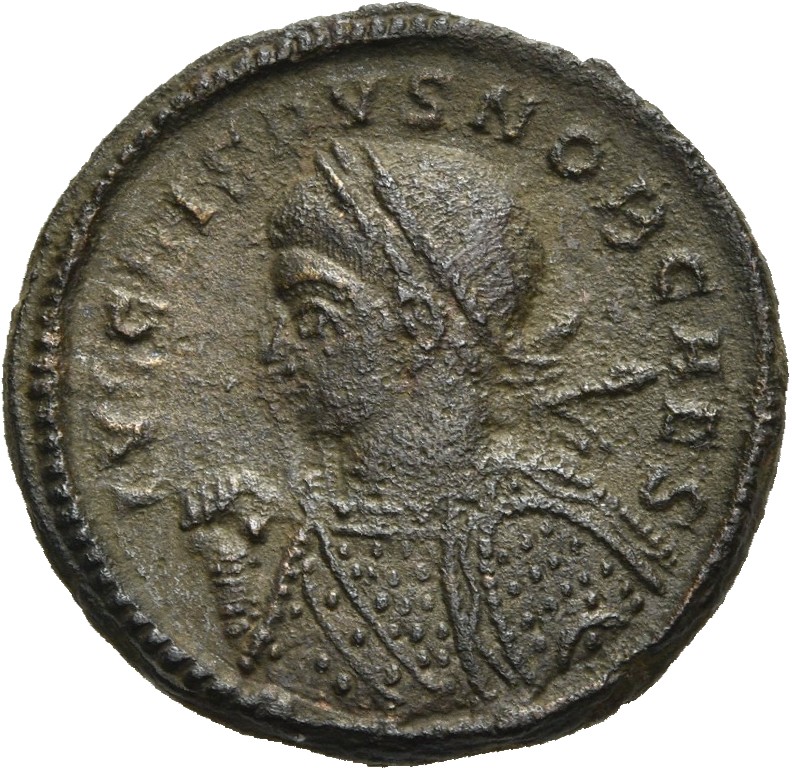 RIC VII Treveri 372 Constantine I obverse, Bust of Crispus, laureate, cuirassed, left, holding spear across right shoulder...