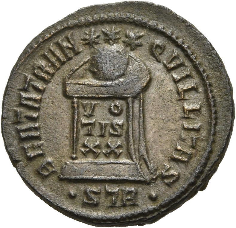 RIC VII Treveri 372 Constantine I reverse, Globe on altar inscribed VO/TIS/XX; above, three stars