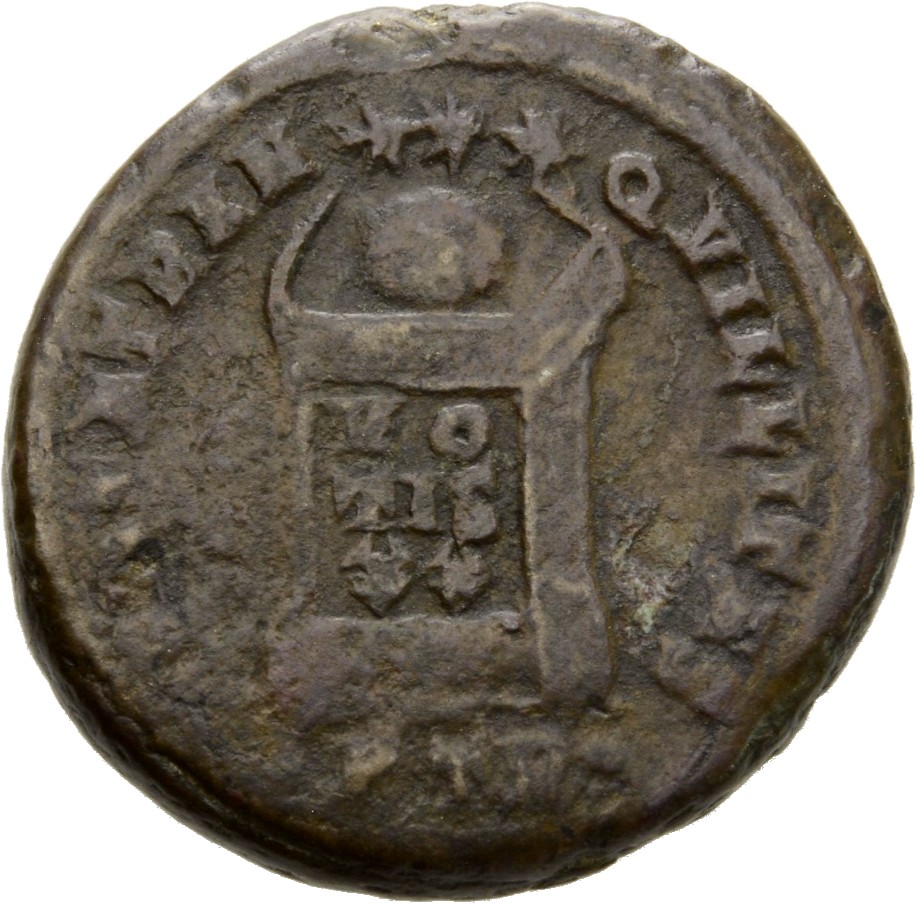 RIC VII Treveri 376 Constantine I reverse, Globe on altar inscribed VO/TIS/XX; above, three stars