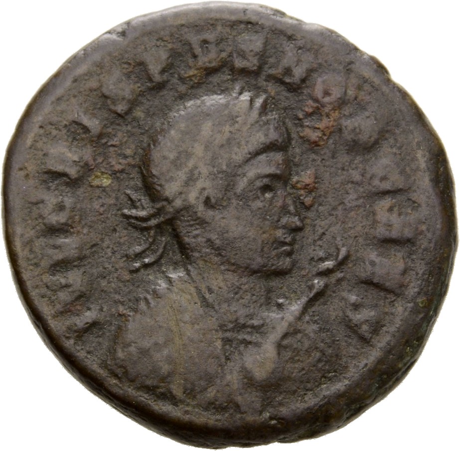 Constantine I obverse — Bust of Crispus, laureate, wearing trabea, right, holding eagle-tipped sceptre in right hand