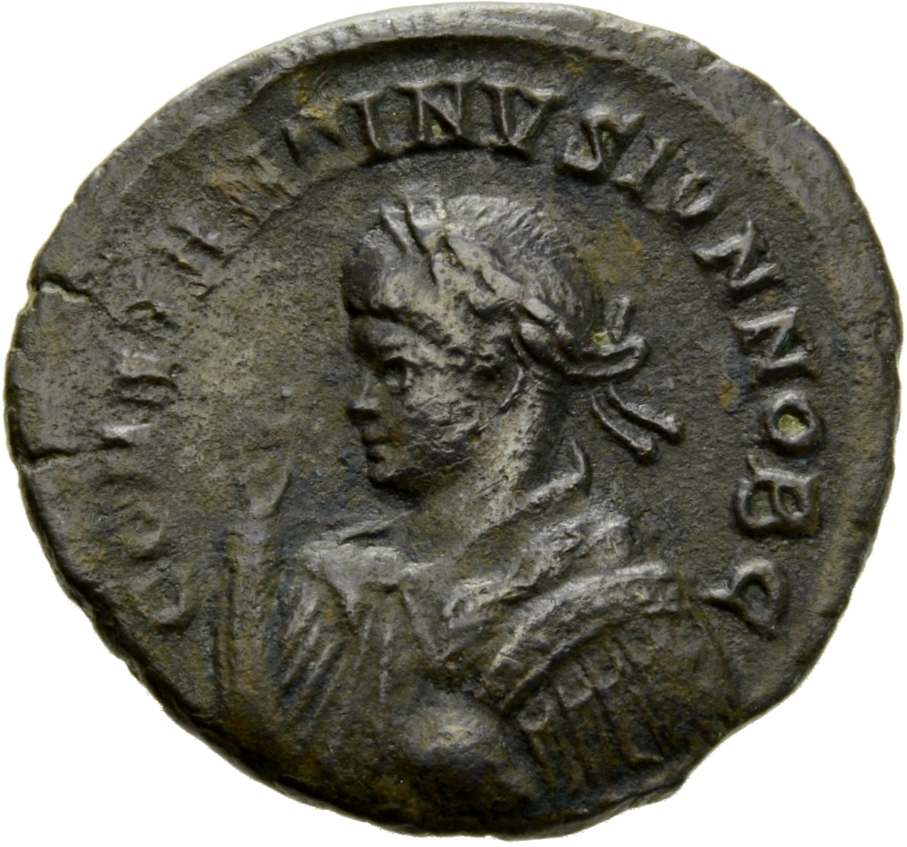 Constantine I obverse — Bust of Constantine II, laureate, draped, cuirassed, left, raising right hand and holding globe in left hand