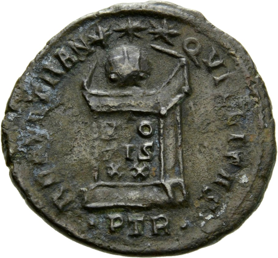 Constantine I reverse — Globe on altar inscribed VO/TIS/XX; above, three stars