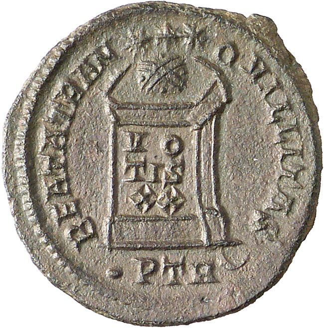RIC VII Treveri 389 Constantine I reverse, Globe on altar inscribed VO/TIS/XX; above, three stars
