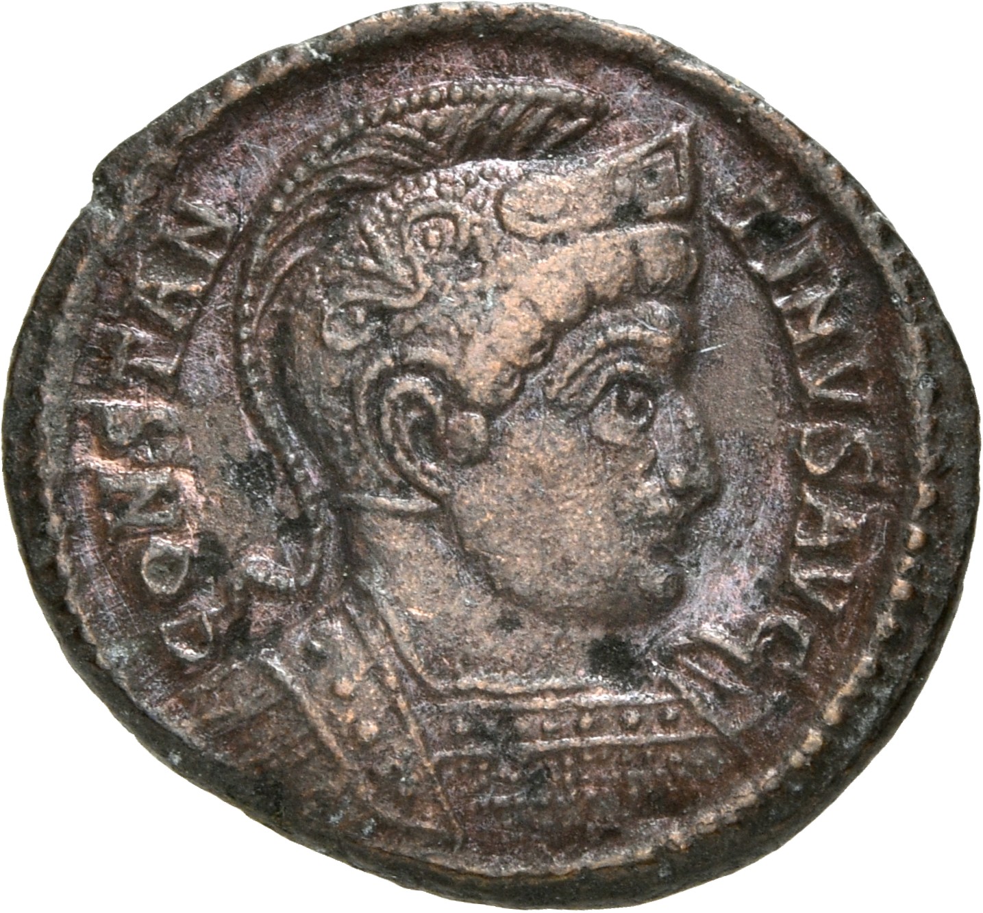 RIC VII Treveri 389 Constantine I obverse, Bust of Constantine I, helmeted, cuirassed, right