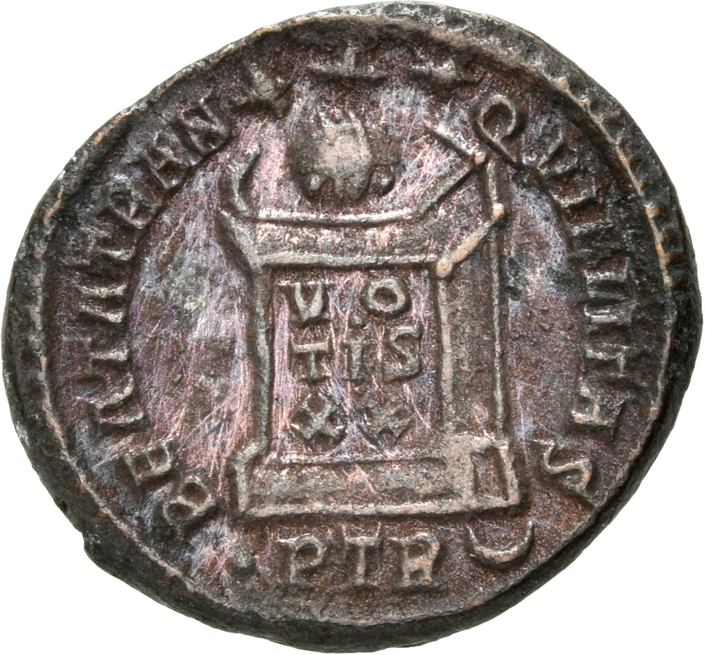RIC VII Treveri 389 Constantine I reverse, Globe on altar inscribed VO/TIS/XX; above, three stars