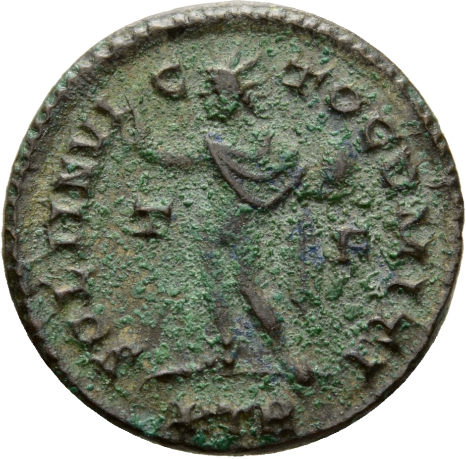 RIC VII Treveri 39 Constantine I reverse, Sol, radiate, chlamys draped across left shoulder, standing left, raising right ...