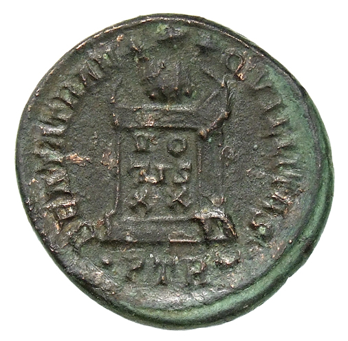 RIC VII Treveri 390 Constantine I reverse, Globe on altar inscribed VO/TIS/XX; above, three stars