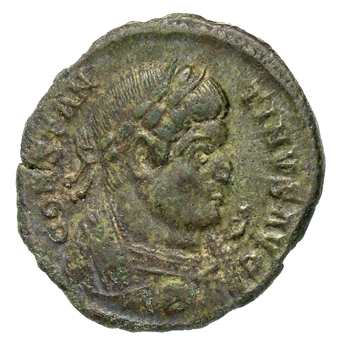 RIC VII Treveri 390 Constantine I obverse, Bust of Constantine I, laureate, wearing trabea, right, holding eagle-tipped sc...
