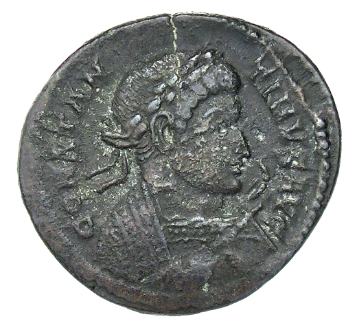 RIC VII Treveri 390 Constantine I obverse, Bust of Constantine I, laureate, wearing trabea, right, holding eagle-tipped sc...