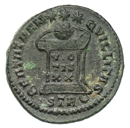 RIC VII Treveri 390 Constantine I reverse, Globe on altar inscribed VO/TIS/XX; above, three stars