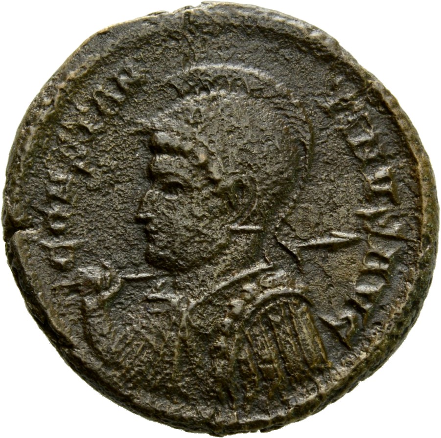 Constantine I obverse — Bust of Constantine I, helmeted, cuirassed, left, holding spear across right shoulder and shield on left arm