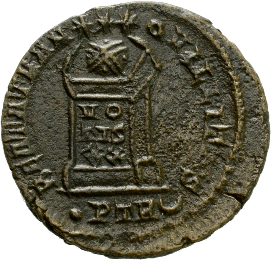 Constantine I reverse — Globe on altar inscribed VO/TIS/XX; above, three stars