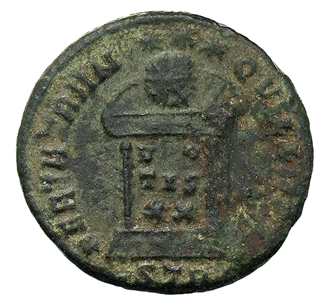 RIC VII Treveri 399 Constantine I reverse, Globe on altar inscribed VO/TIS/XX; above, three stars