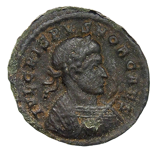 RIC VII Treveri 399 Constantine I obverse, Bust of Crispus, laureate, wearing trabea, right, holding eagle-tipped sceptre ...