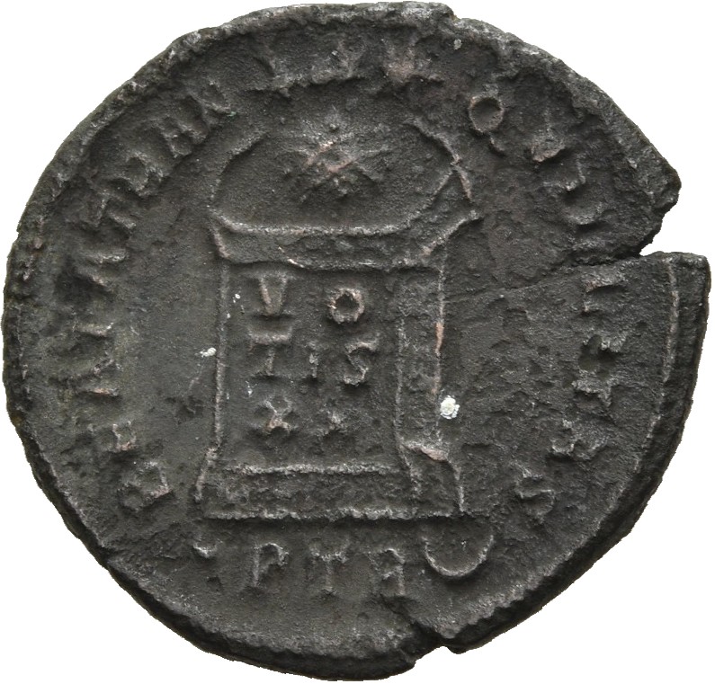 RIC VII Treveri 399 Constantine I reverse, Globe on altar inscribed VO/TIS/XX; above, three stars