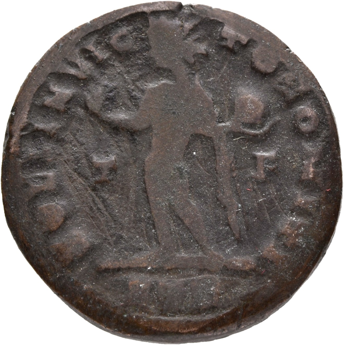 RIC VII Treveri 41 Constantine I reverse, Sol, radiate, chlamys draped across left shoulder, standing left, raising right ...