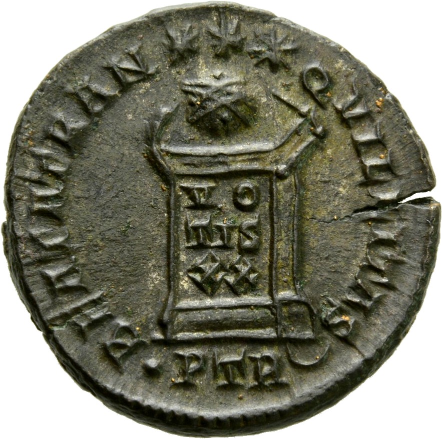 RIC VII Treveri 412 Constantine I reverse, Globe on altar inscribed VO/TIS/XX; above, three stars
