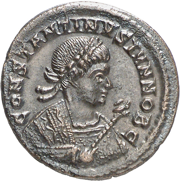 RIC VII Treveri 412 Constantine I obverse, Bust of Constantine II, laureate, wearing trabea, right, holding eagle-tipped s...