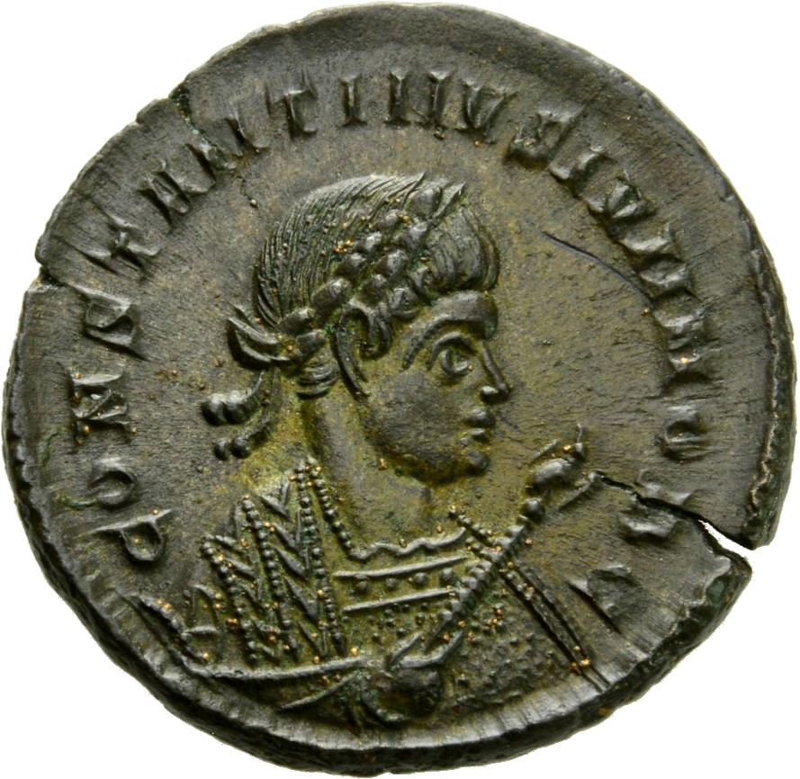RIC VII Treveri 412 Constantine I obverse, Bust of Constantine II, laureate, wearing trabea, right, holding eagle-tipped s...