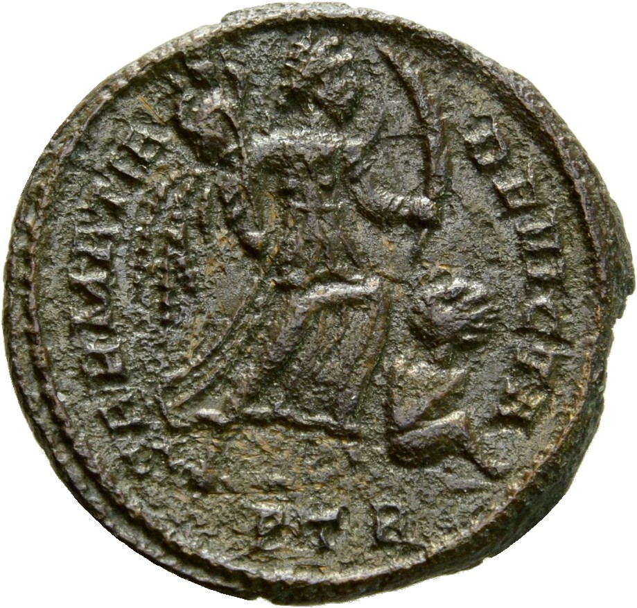 RIC VII Treveri 429 Constantine I reverse, Victory, winged, draped, advancing right, holding trophy in right hand and push...