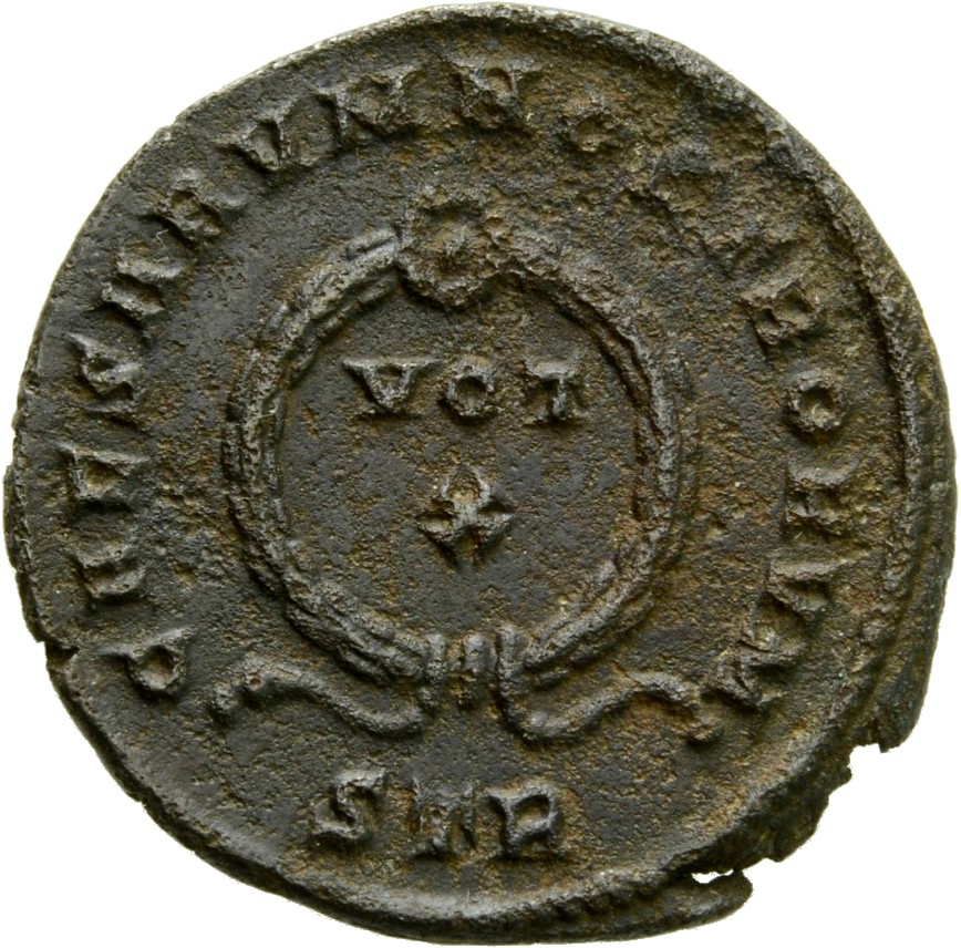RIC VII Treveri 431 Constantine I reverse, VOT/X within a laurel wreath