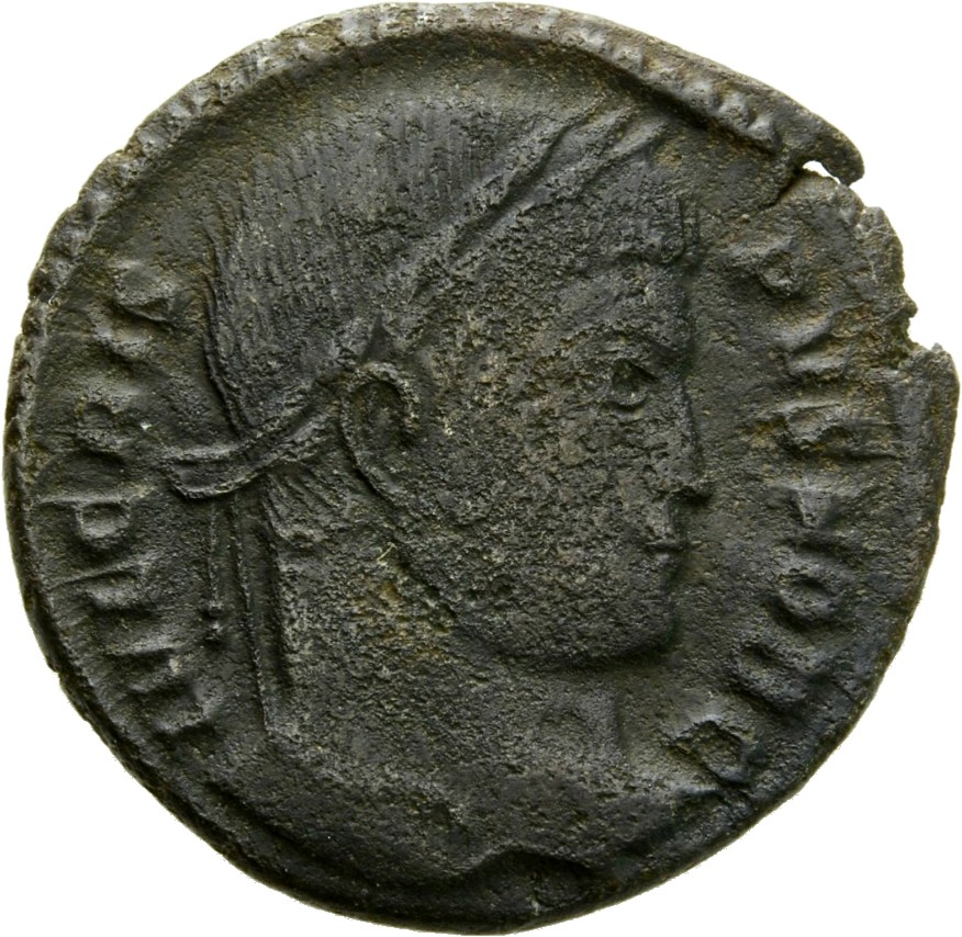 RIC VII Treveri 431 Constantine I obverse, Head of Crispus, laureate, right