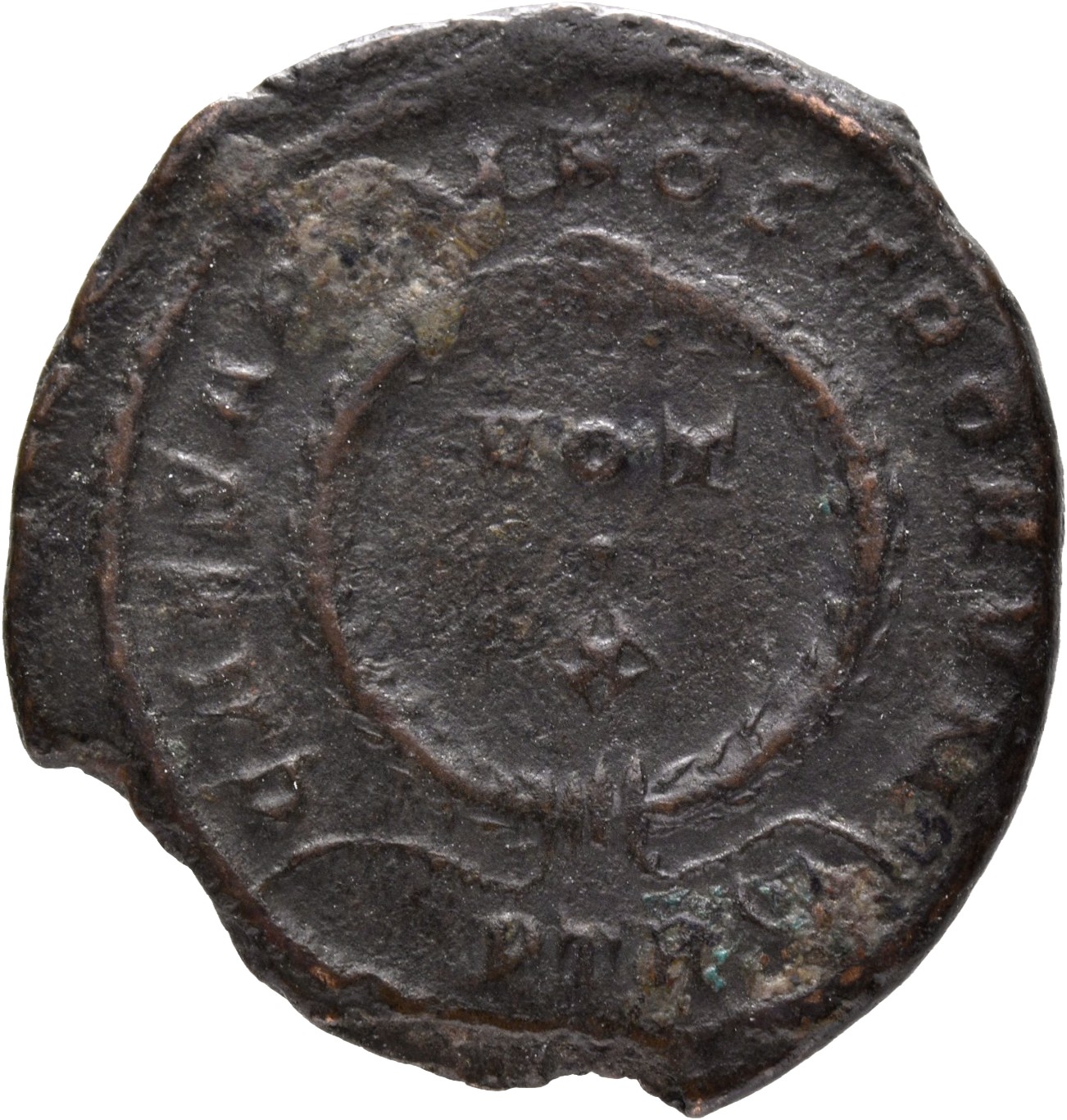 RIC VII Treveri 431 Constantine I reverse, VOT/X within a laurel wreath