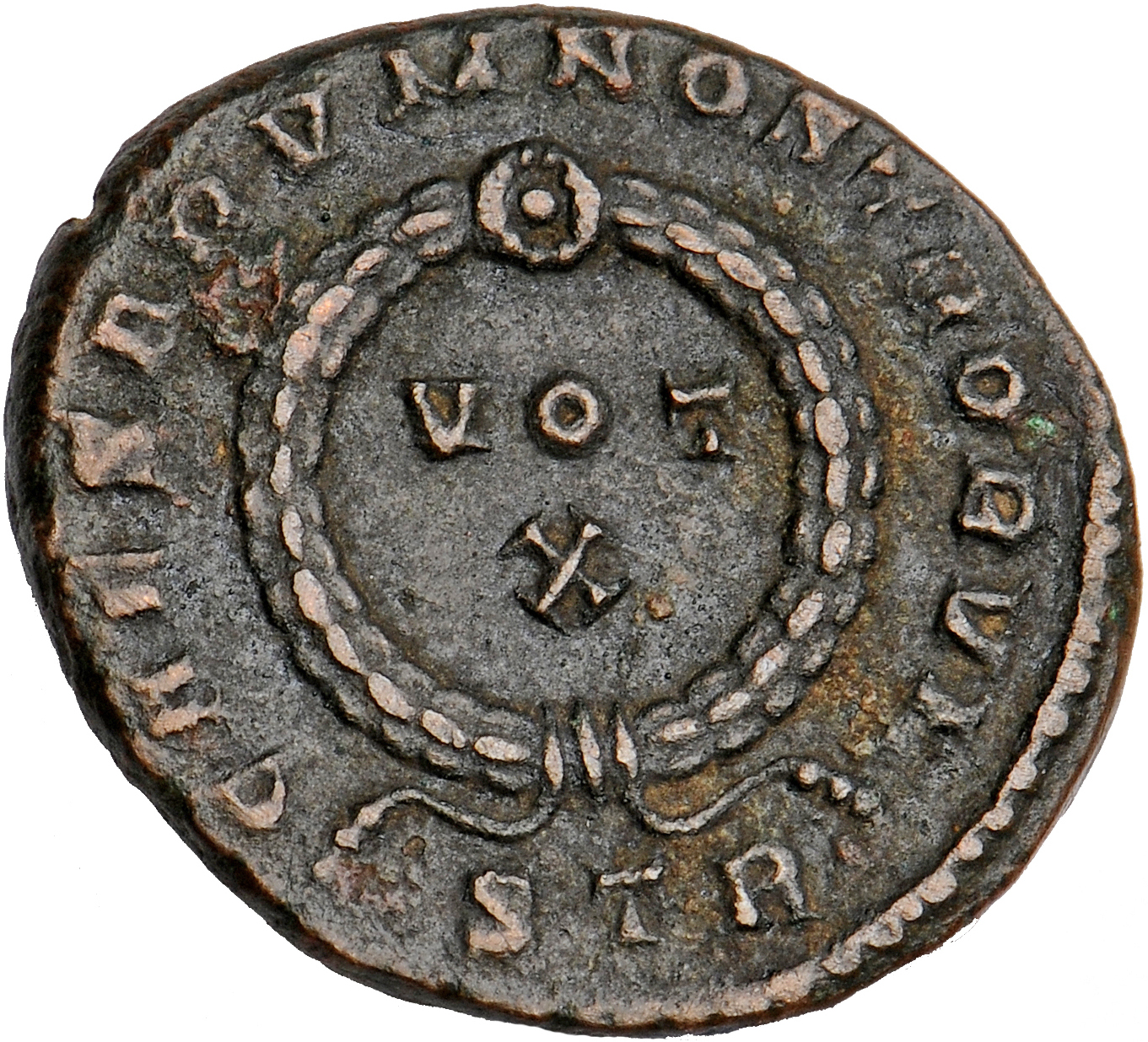 RIC VII Treveri 433 Constantine I reverse, VOT/X within a laurel wreath