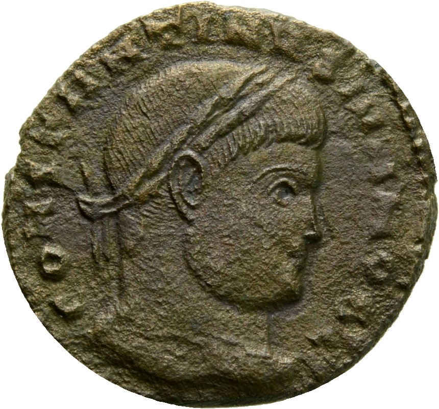 RIC VII Treveri 433 Constantine I obverse, Head of Constantine II, laureate, right
