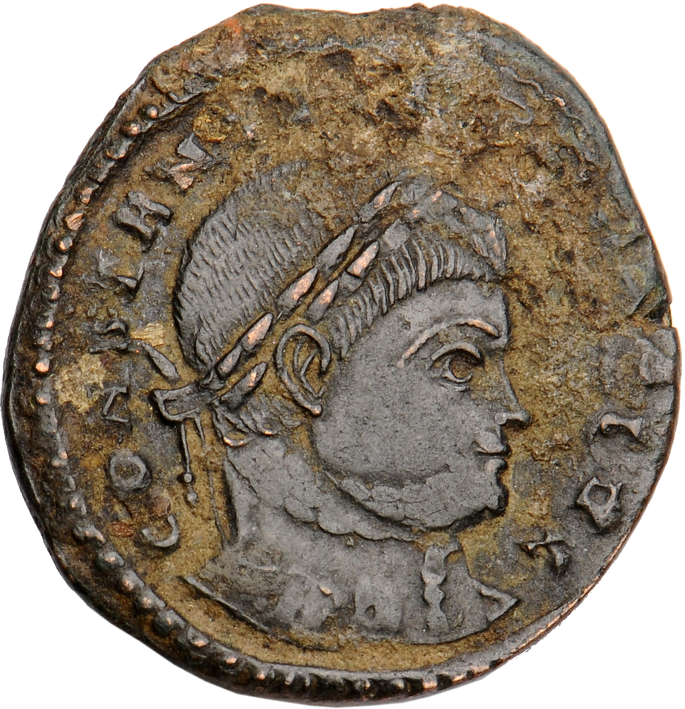 RIC VII Treveri 433 Constantine I obverse, Head of Constantine II, laureate, right