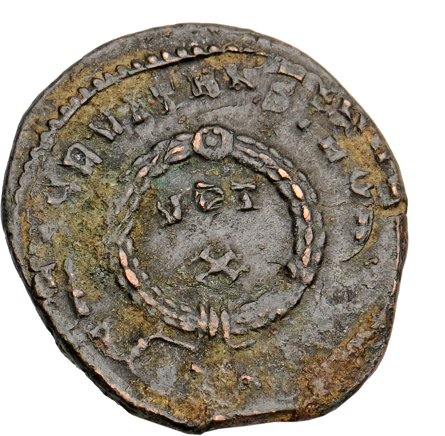 RIC VII Treveri 433 Constantine I reverse, VOT/X within a laurel wreath