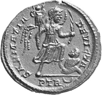 RIC VII Treveri 435 Constantine I reverse, Victory, winged, draped, advancing right, holding trophy in right hand and push...