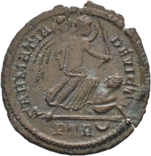 RIC VII Treveri 435 Constantine I reverse, Victory, winged, draped, advancing right, holding trophy in right hand and push...