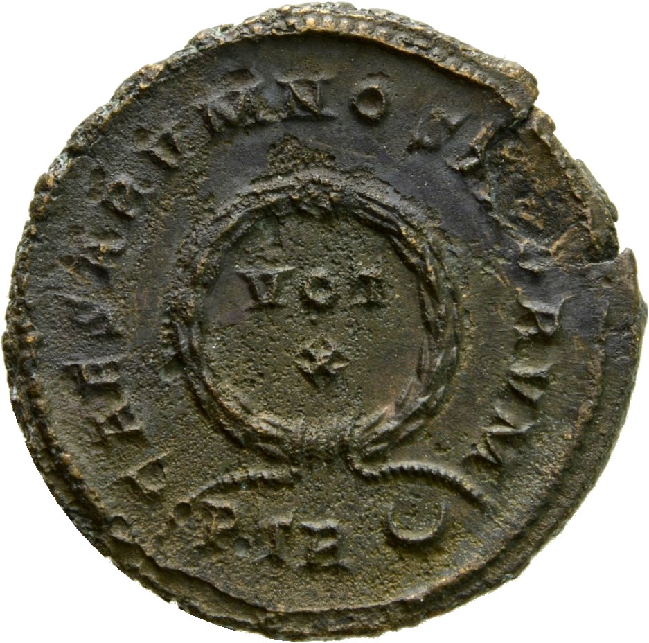 RIC VII Treveri 441 Constantine I reverse, VOT/X within a laurel wreath