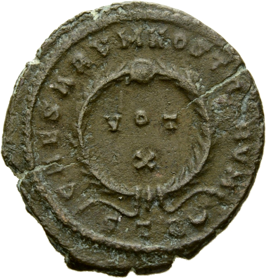RIC VII Treveri 441 Constantine I reverse, VOT/X within a laurel wreath