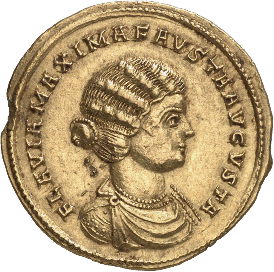 RIC VII Treveri 445 Constantine I obverse, Bust of Fausta, waved hair, mantled, right