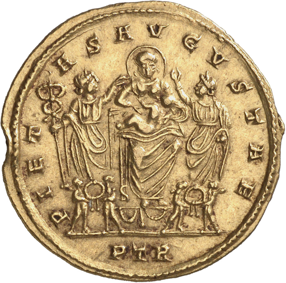 Constantine I reverse — Fausta, nimbate, draped, seated front on throne set on small platform with garlands, holding child in lap; to left, Felicitas standing right with caduceus; to right, Pietas standing left; on either side of the platform, two genii holding a wreath