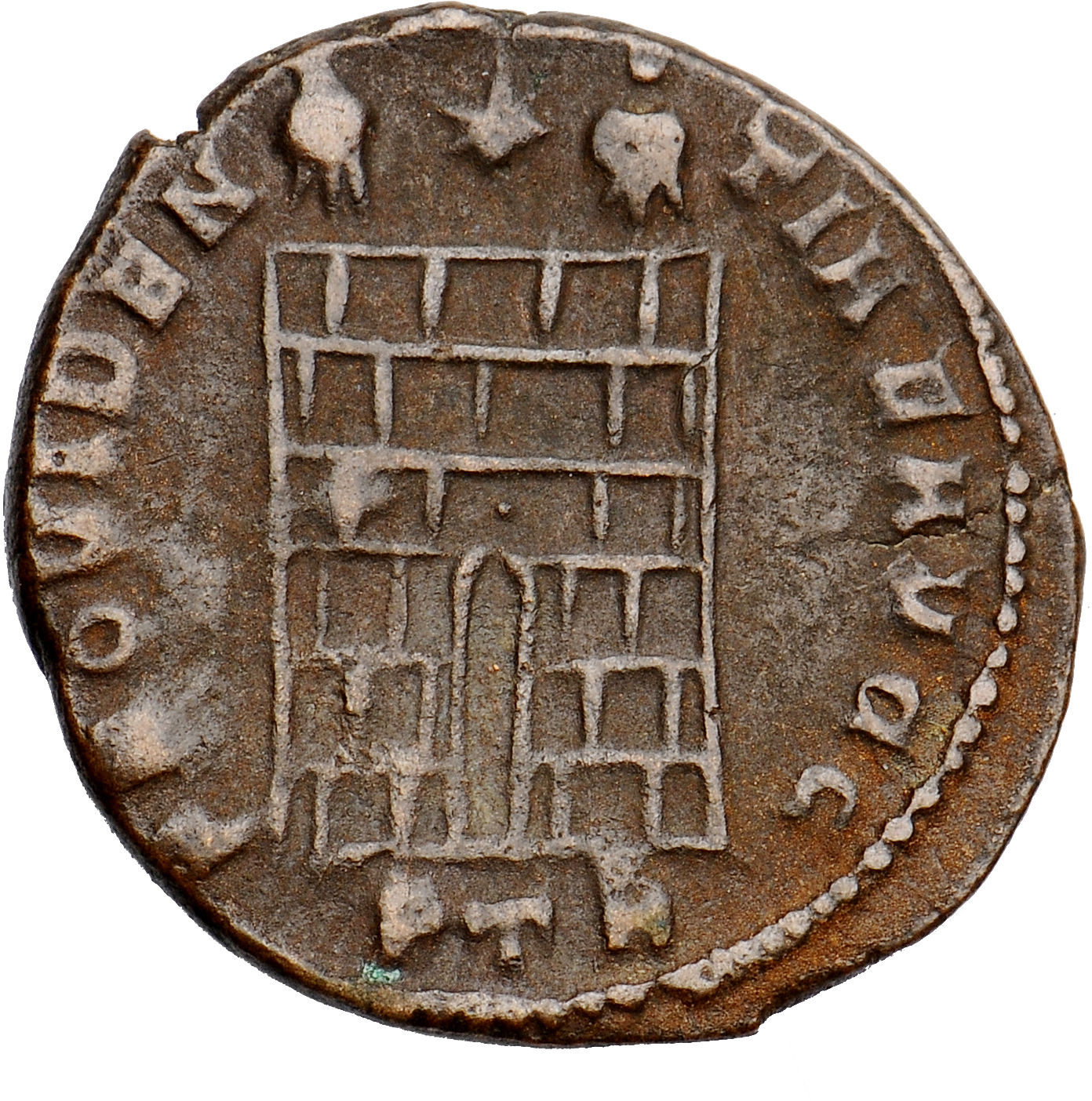 RIC VII Treveri 449 Constantine I reverse, Camp gate with two turrets, without doors; star above
