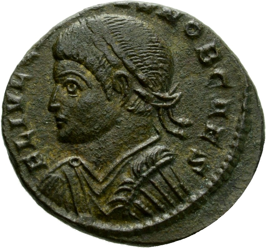 Constantine I obverse — Bust of Crispus, laureate, draped, cuirassed, left
