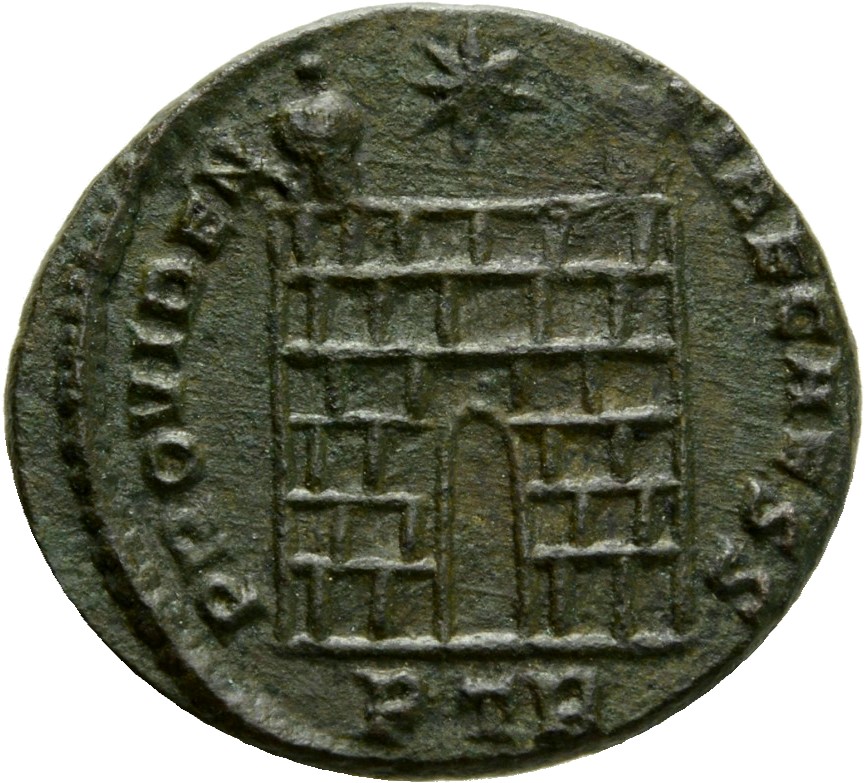 Constantine I reverse — Camp gate with two turrets, without doors; star above