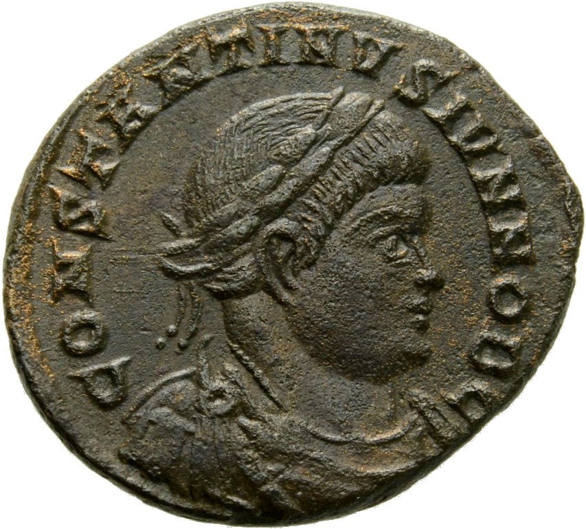 RIC VII Treveri 454 Constantine I obverse, Bust of Constantine II, laureate, draped, cuirassed, right