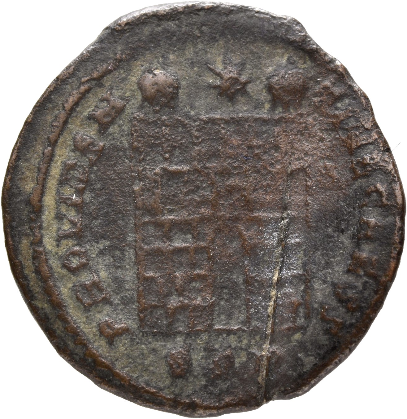 RIC VII Treveri 455 Constantine I reverse, Camp gate with two turrets, without doors; star above