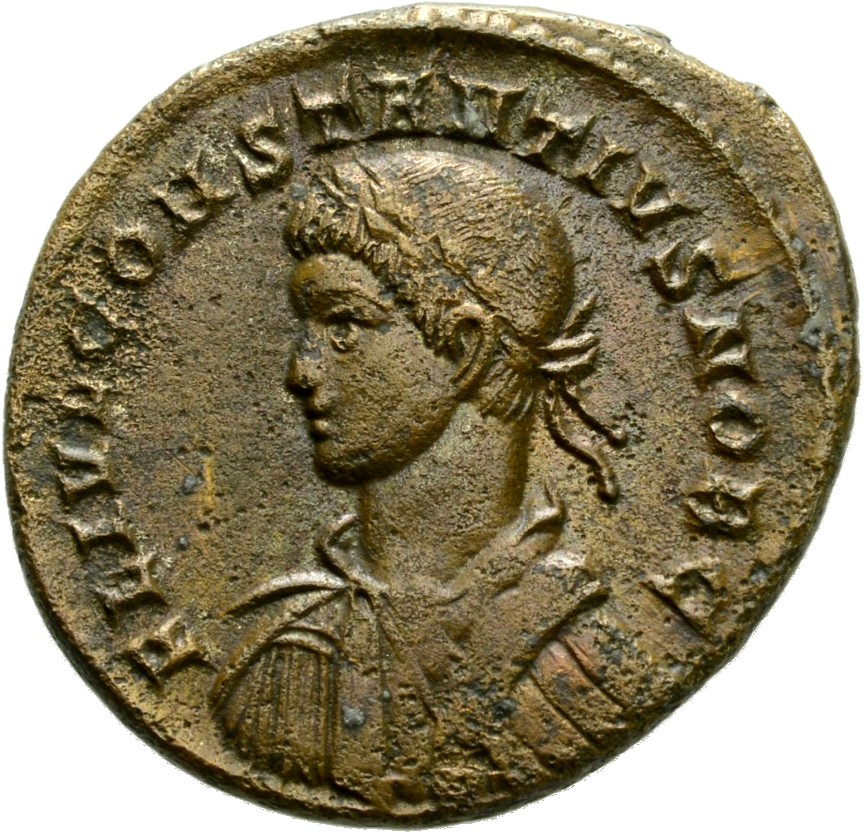 RIC VII Treveri 456 Constantine I obverse, Bust of Constantius II, laureate, draped, cuirassed, left