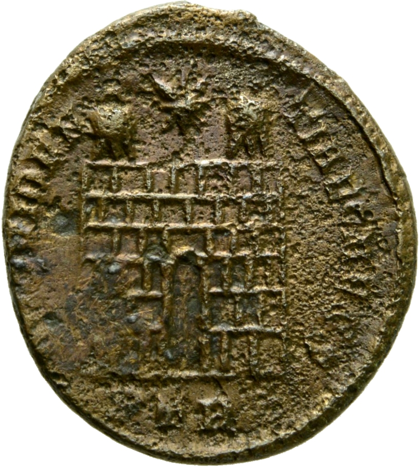 RIC VII Treveri 456 Constantine I reverse, Camp gate with two turrets, without doors; star above