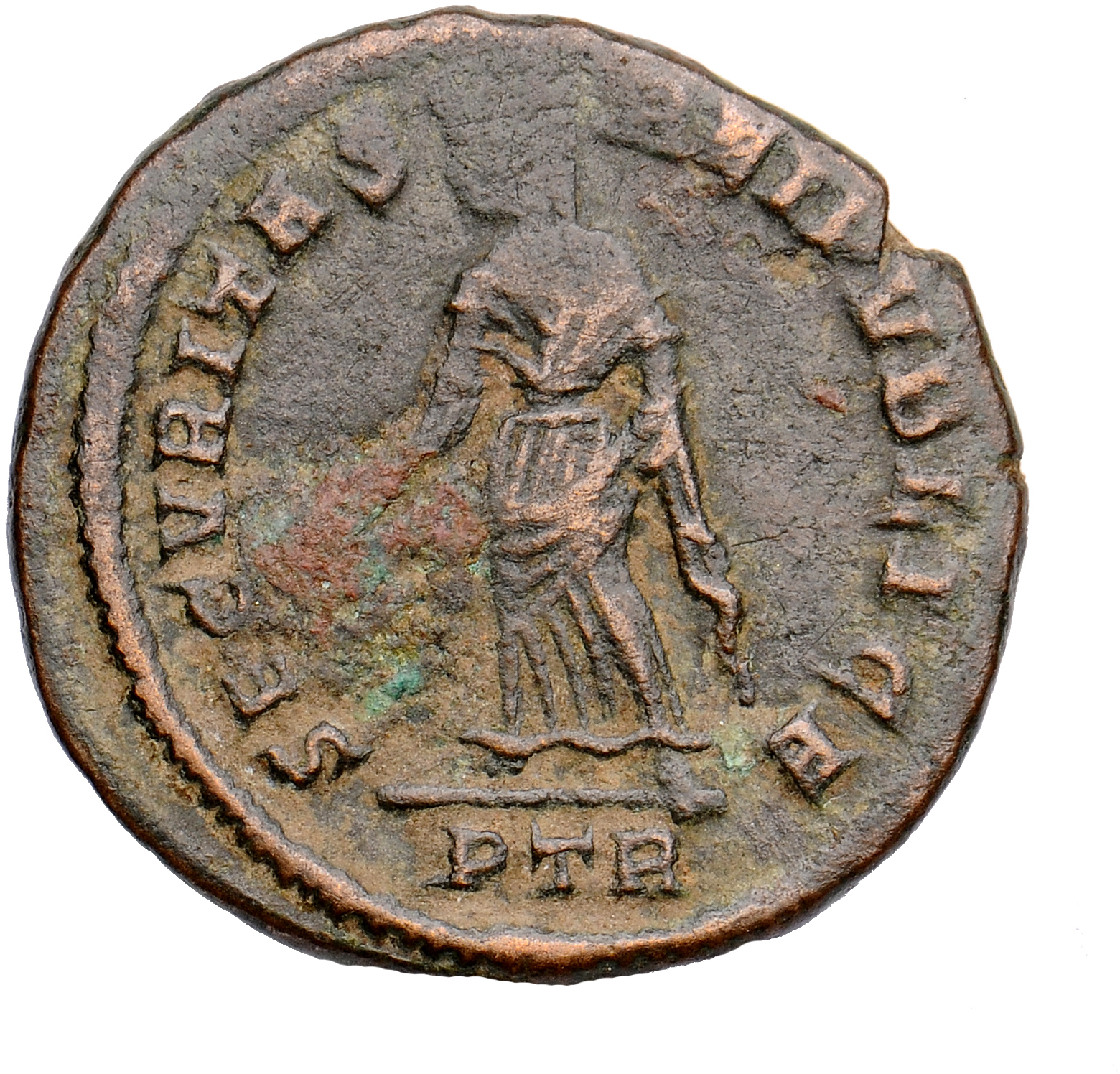 RIC VII Treveri 458 Constantine I reverse, SECURITAS, draped, standing left, raising robe with right hand and lowering bra...