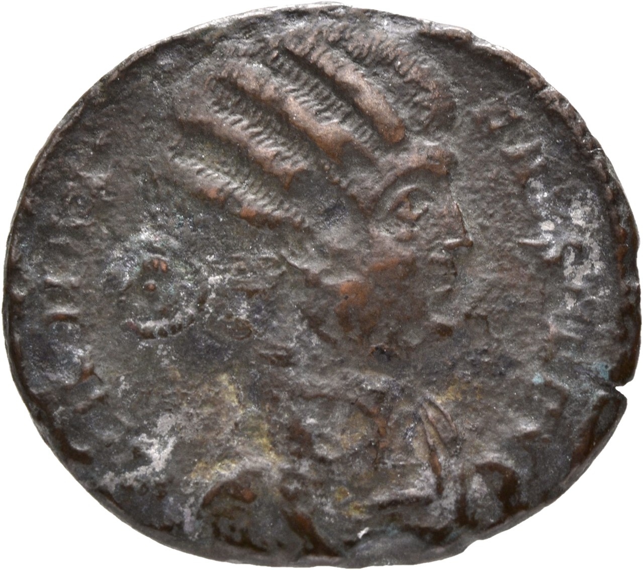 RIC VII Treveri 459 Constantine I obverse, Bust of Fausta, waved hair, mantled, right